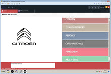 Load image into Gallery viewer, J2534 Pass Thru Software interface for vehicle brand selection including Citroën, DS Automobiles, Peugeot, and others.