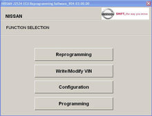 Load image into Gallery viewer, J2534 ECU reprogramming software interface showing options for reprogramming, write/modify VIN, configuration, and programming.